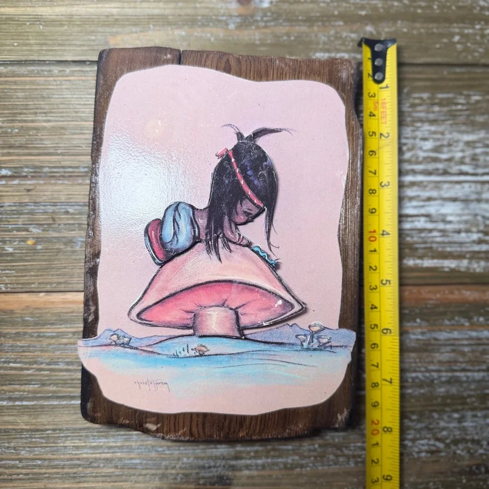 Gerda Christofferson Art Mushroom Oodie Girl Wood Plaque Cottagecore 70s Vintage